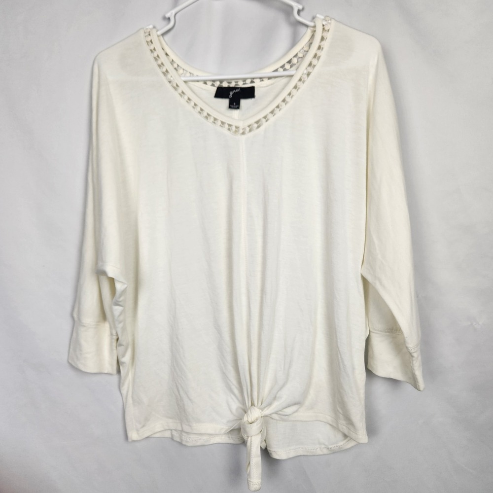 GNW Womens 3/4 Sleeve Tie-Front Crochet Neckline Blouse Top White‎ Size Small